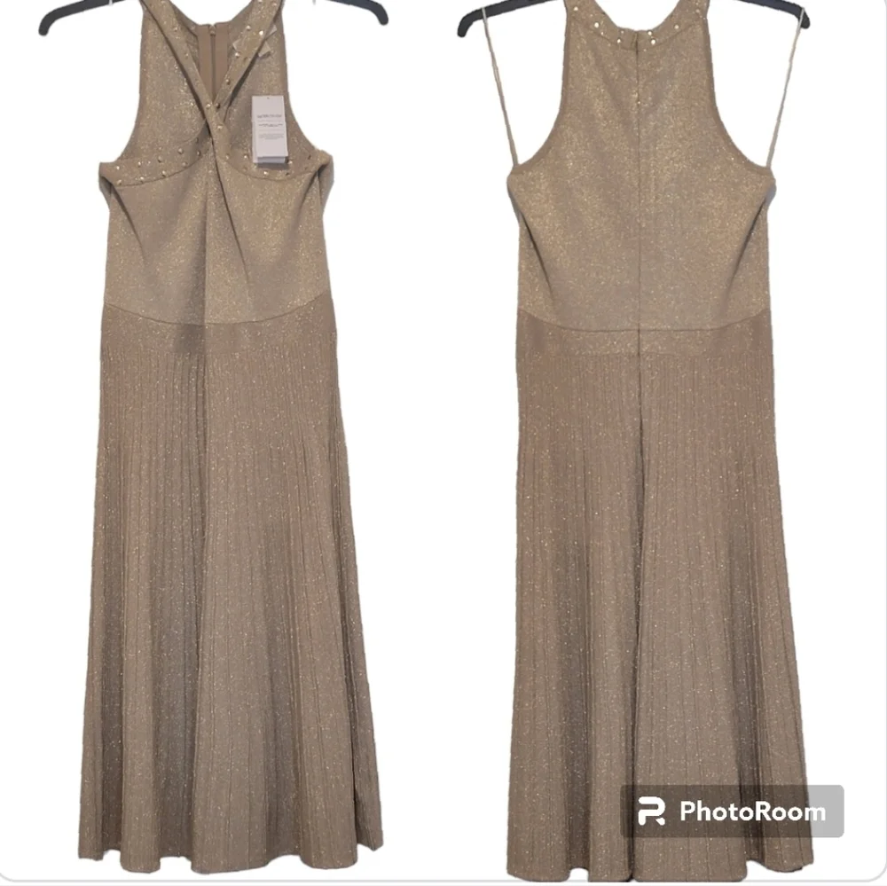 NWT Michael Kors Gold Studded Criss Cross Halter Midi Dress L